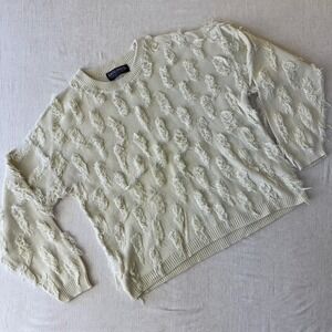 David Brett Vintage Shaggy Fringe Knit Sweater Cream Cotton Made in USA Mens L